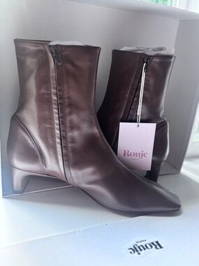 Rouje Brown Leather Mid-Heel Ankle Boots